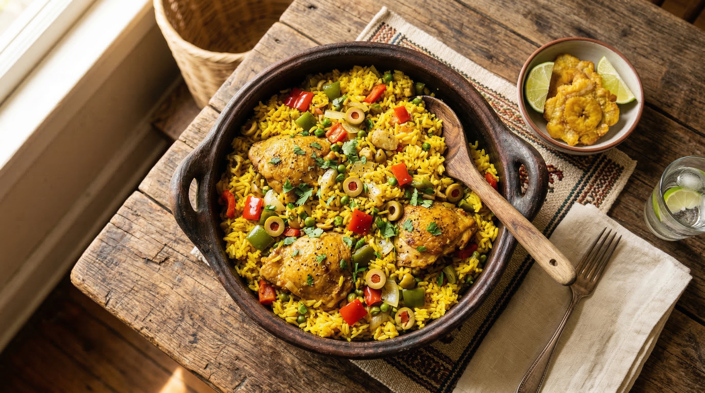 Arroz con pollo panameño con achiote, aceitunas y culantro