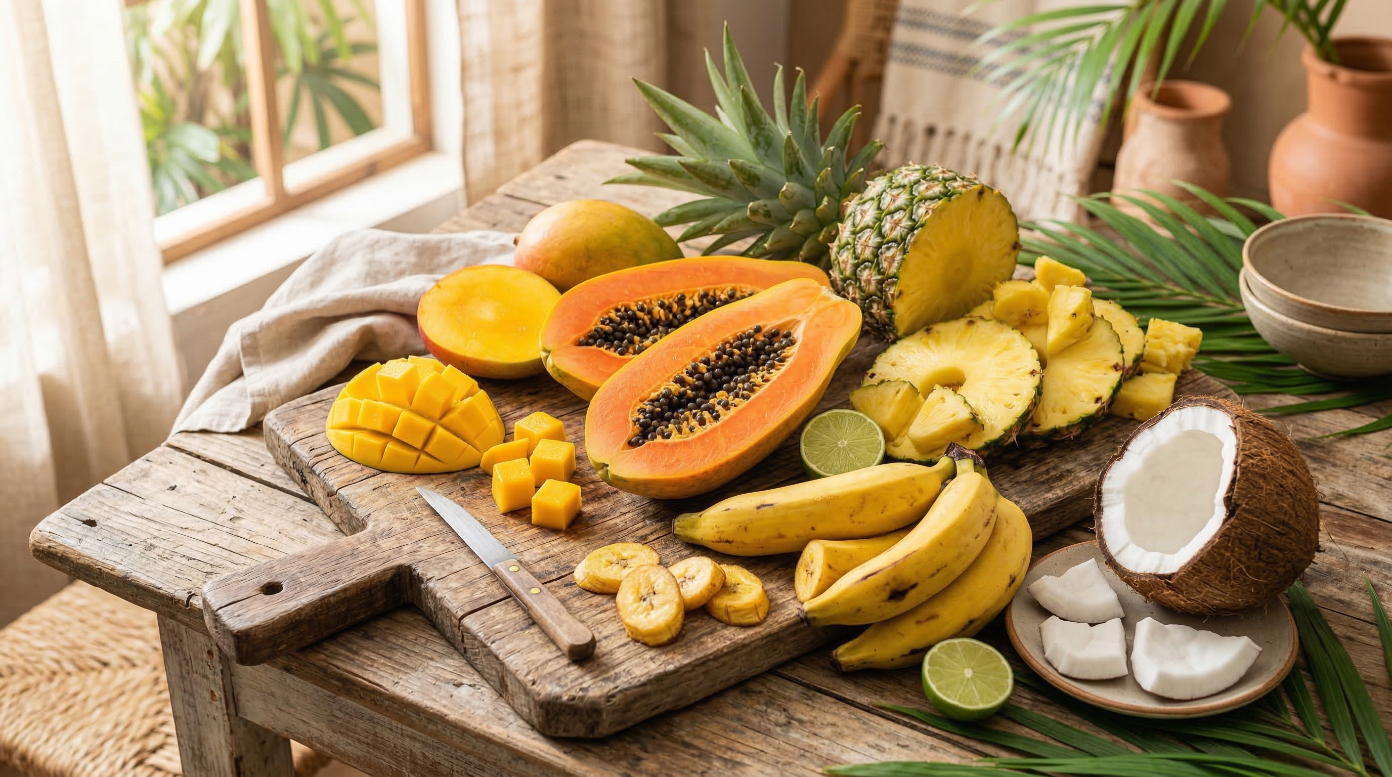 Frutas tropicales panameñas: mango, papaya, piña y plátano