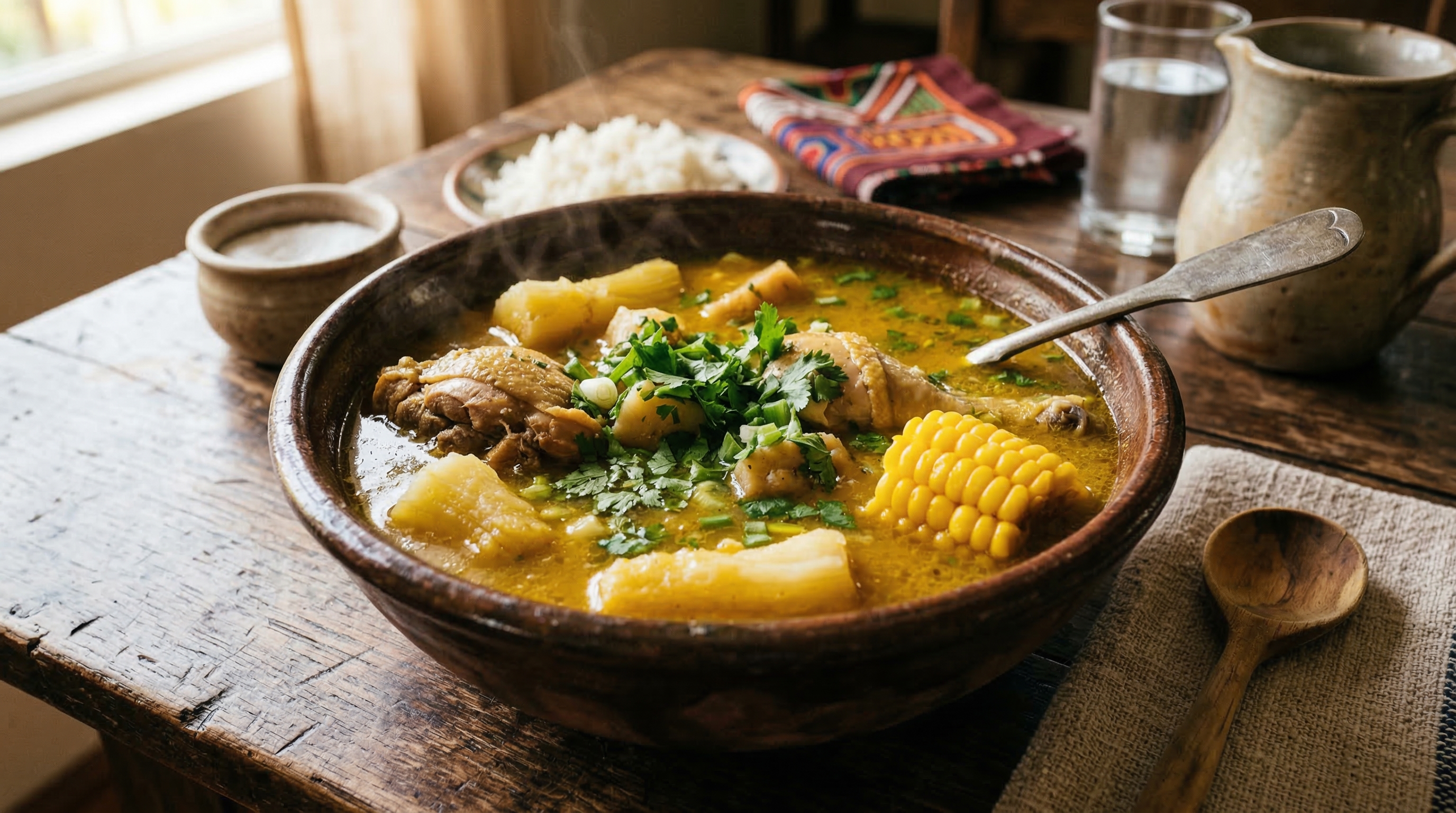 Sancocho panameño con yuca, mazorca, ñame y culantro fresco